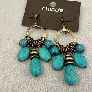 Chico’s brass tone wire earrings with faux turquoise on original card